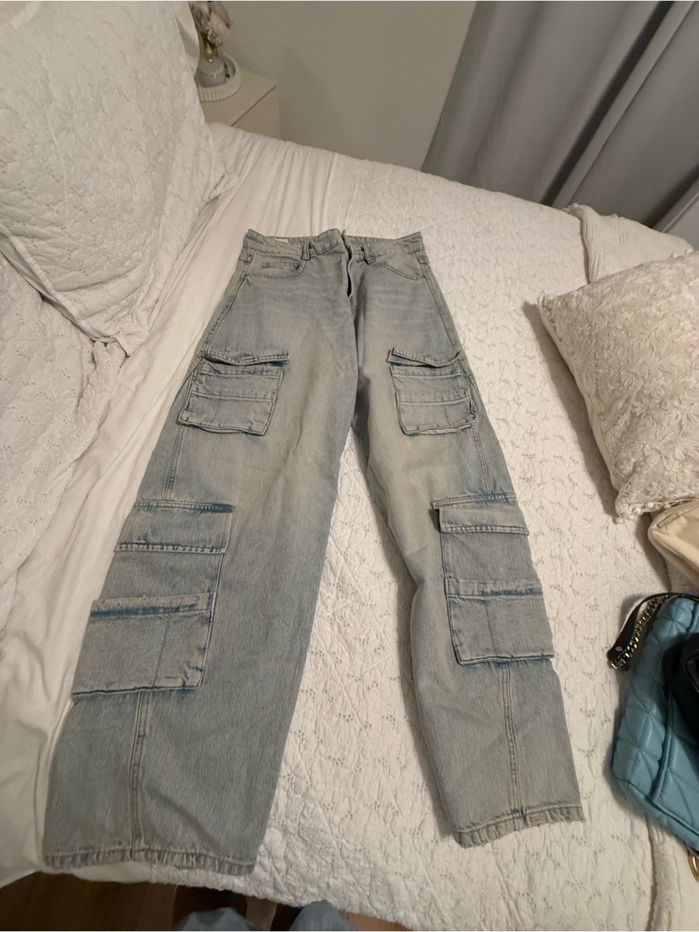 Zara Light Wash Cargo Boyfriend Jeans - Light Blue